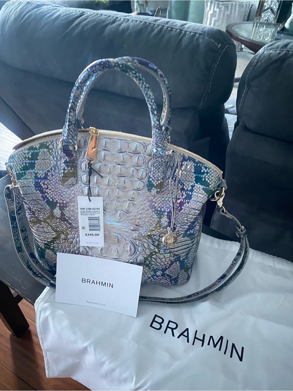 Brahmin Iridescent Croc-Embossed Satchel in Pearl, Teal & Purple - Picture 2 of 4